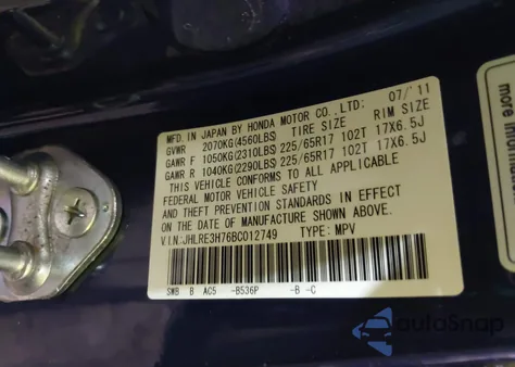 2011 Honda Cr-V Ex-L z USA, uszkodzony, nr VIN JHLRE3H76BC012749